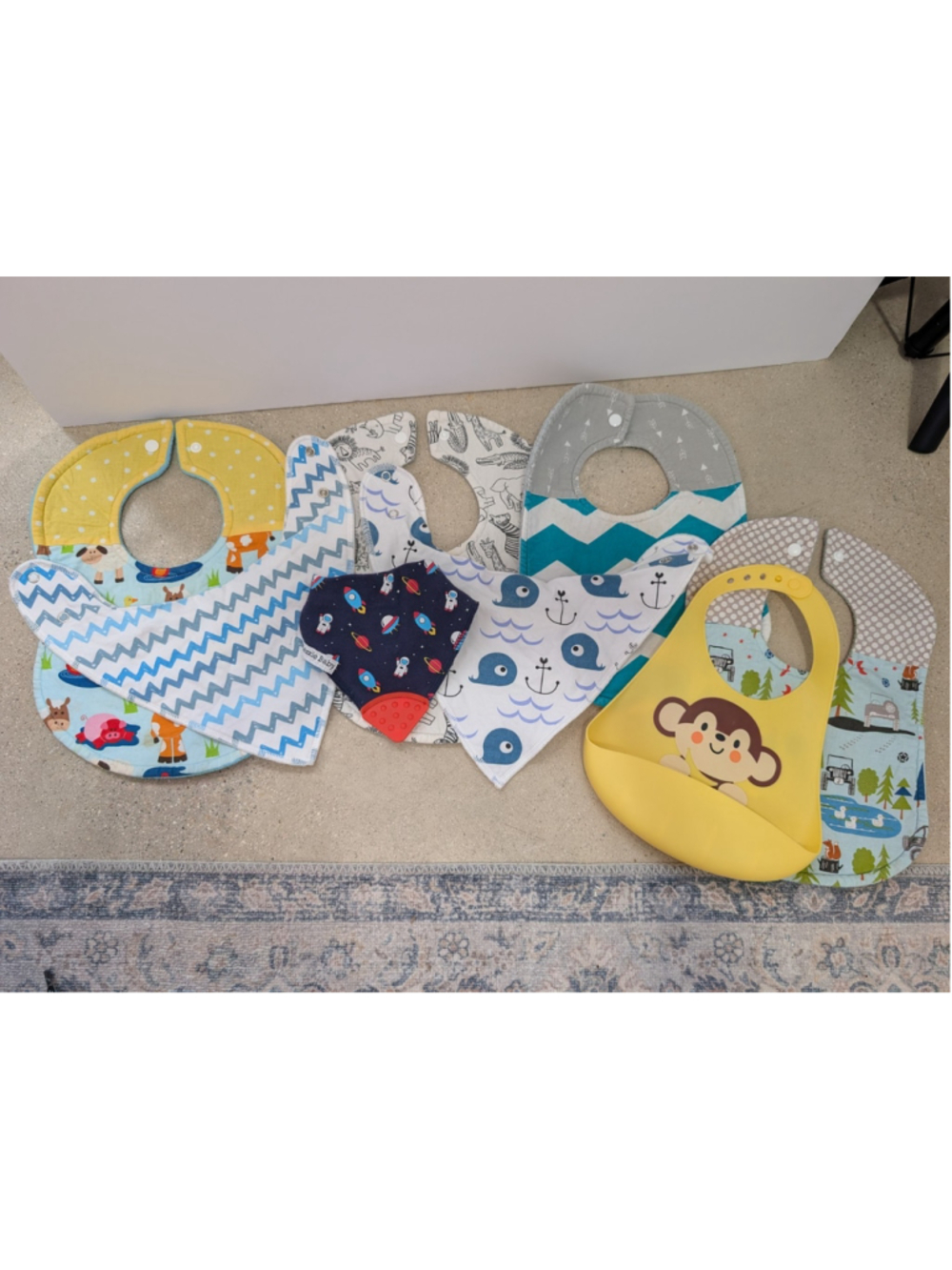 Lot Of 8 Baby Boy Bibs Feeding Drool Bandana Snap Closure Space animals Farm